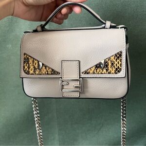 Fendi Taupe Leather And Python Micro Monster Double Baguette Crossbody Bag